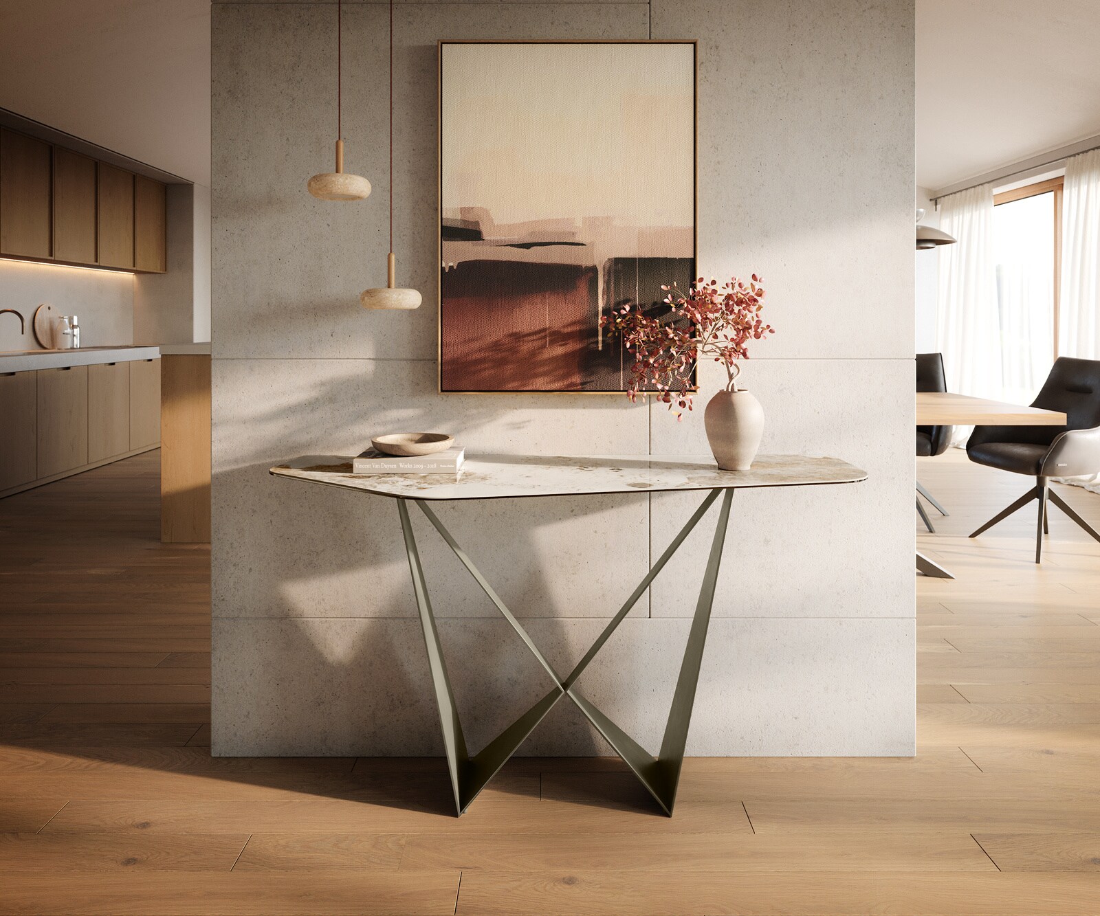 Konsolentisch Edge Polygonal 140x50 cm Keramik Minas Melange Weiß-Beige Spios Metall Effektfinish Titan 4