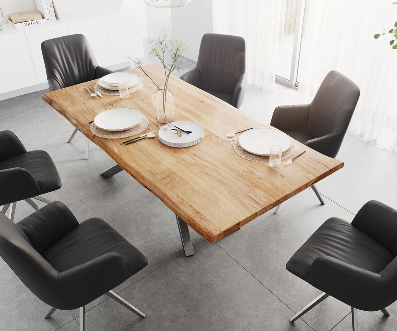 Esstisch Edge 200x100 Akazie Natur Kreuzgestell Rechteck Edelstahl Live-Edge 3 Esstisch Edge 200x100 Akazie Natur Kreuzgestell Rechteck Edelstahl Live-Edge 3