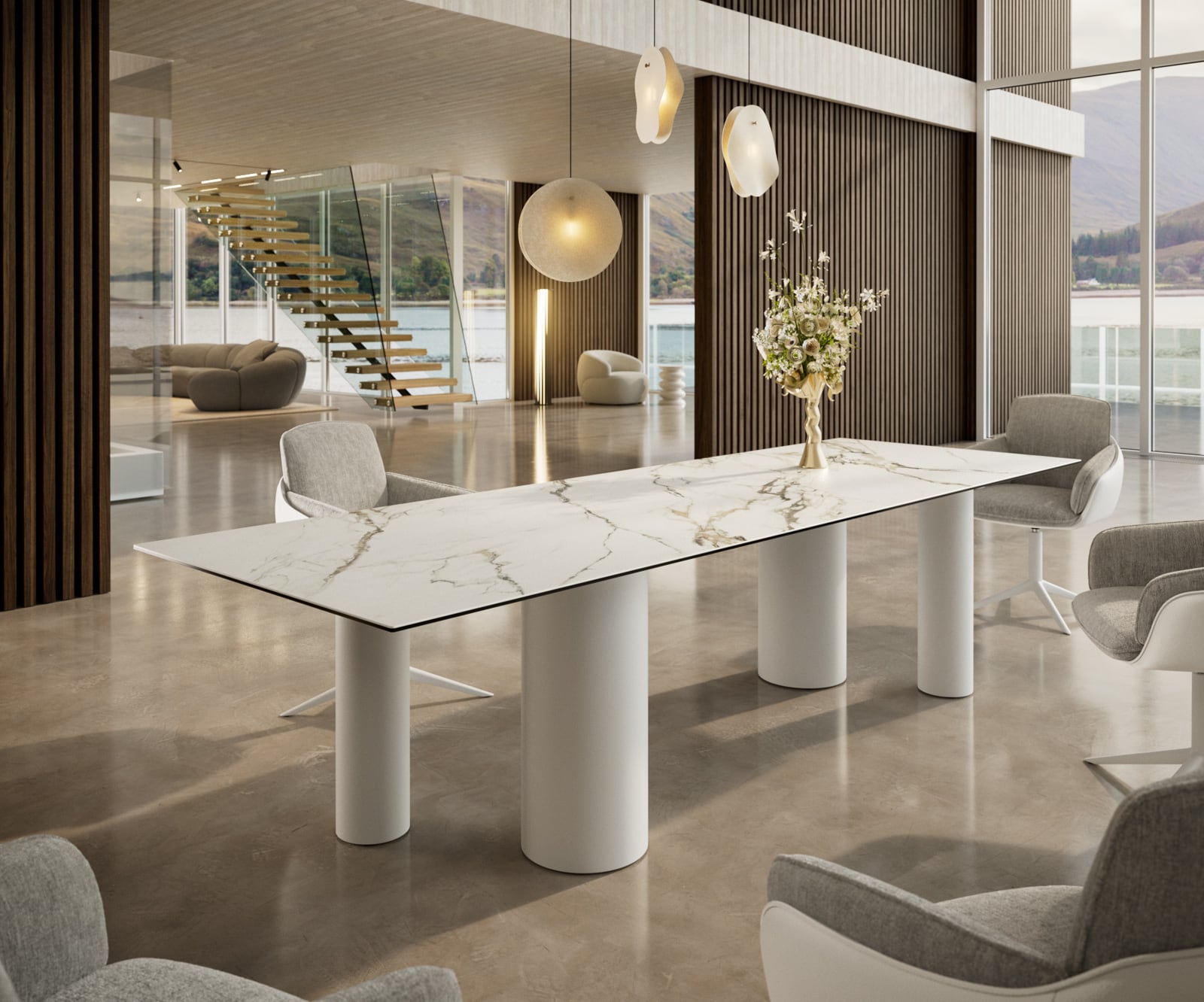 Esstisch Edge 300x100 Keramik Calacatta Luxe Weiß-Gold-Grau Pilier Metall Weiß 1 Esstisch Edge 300x100 Keramik Calacatta Luxe Weiß-Gold-Grau Pilier Metall Weiß 1