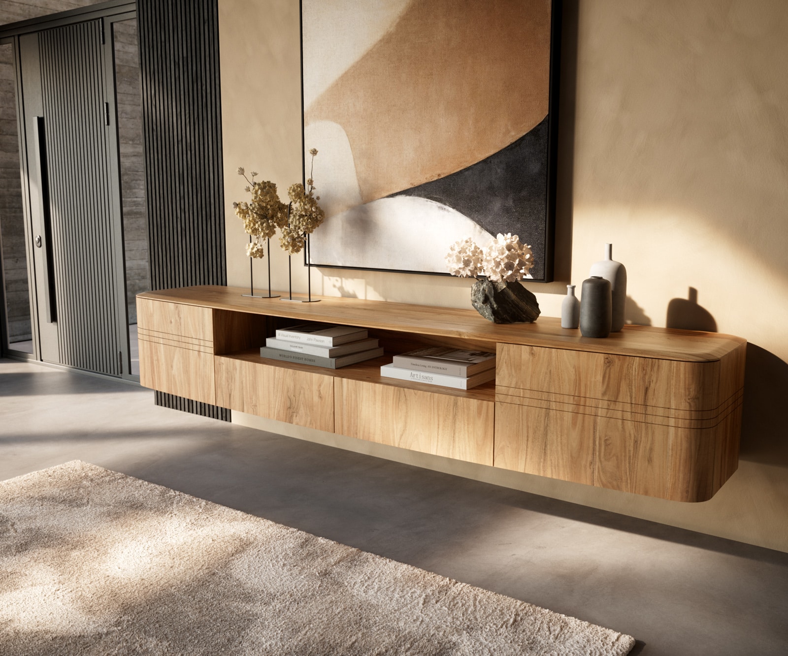 Lowboard Nagaru 240 cm Akazie Aura 2 Türen 2 Schubladen 1 Fach schwebend Lowboard Nagaru 240 cm Akazie Aura 2 Türen 2 Schubladen 1 Fach schwebend