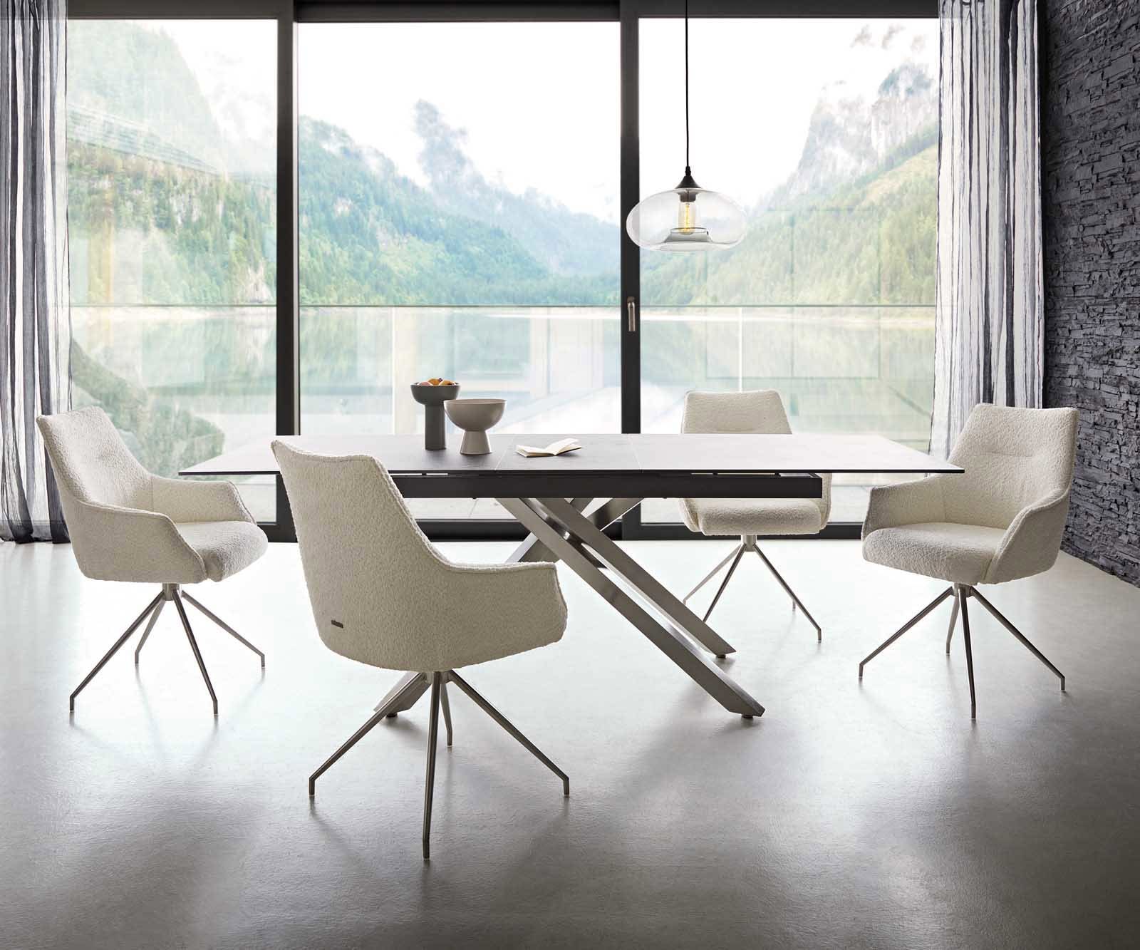 Drehstuhl Alja-Flex mit Armlehnen Bouclé Weiß Kreuzgestell konisch Edelstahl 180° drehbar Taschenfederkern 6 Drehstuhl Alja-Flex mit Armlehnen Bouclé Weiß Kreuzgestell konisch Edelstahl 180° drehbar Taschenfederkern 6