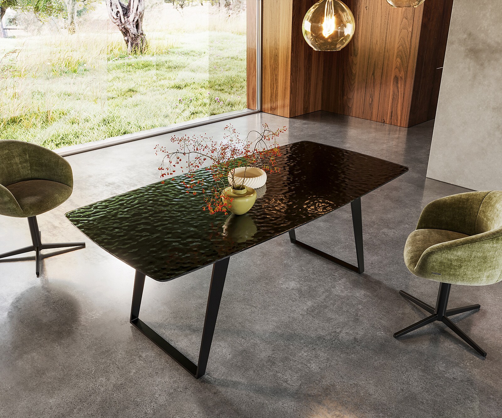 Table à manger Edge Boot 200x100 verre en relief noir 3D-Design métal incliné noir