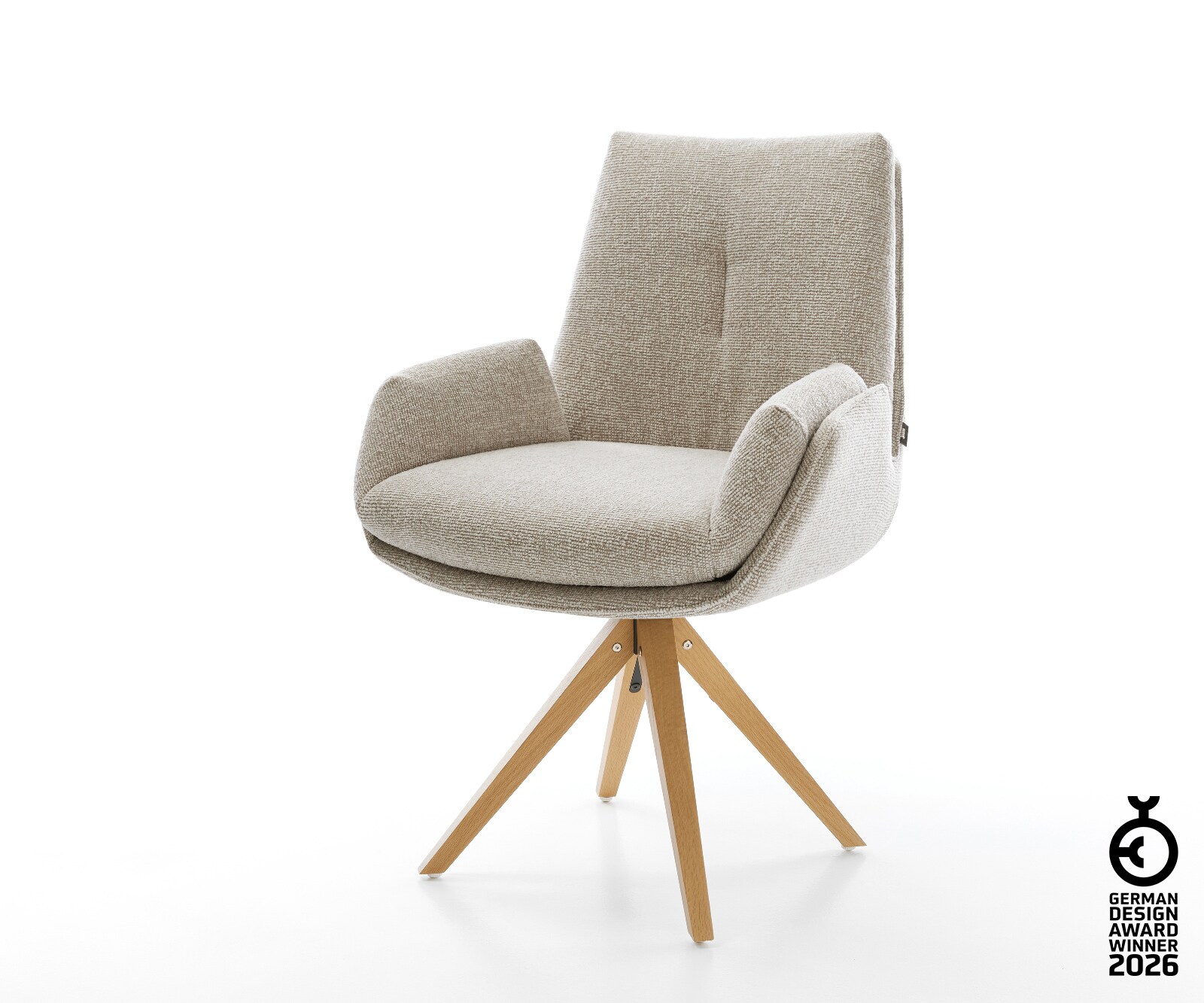 Chaise-pivotante Clea-Flex tissu tissé doux beige pied en bois angulaire naturel pivotement sur 180°