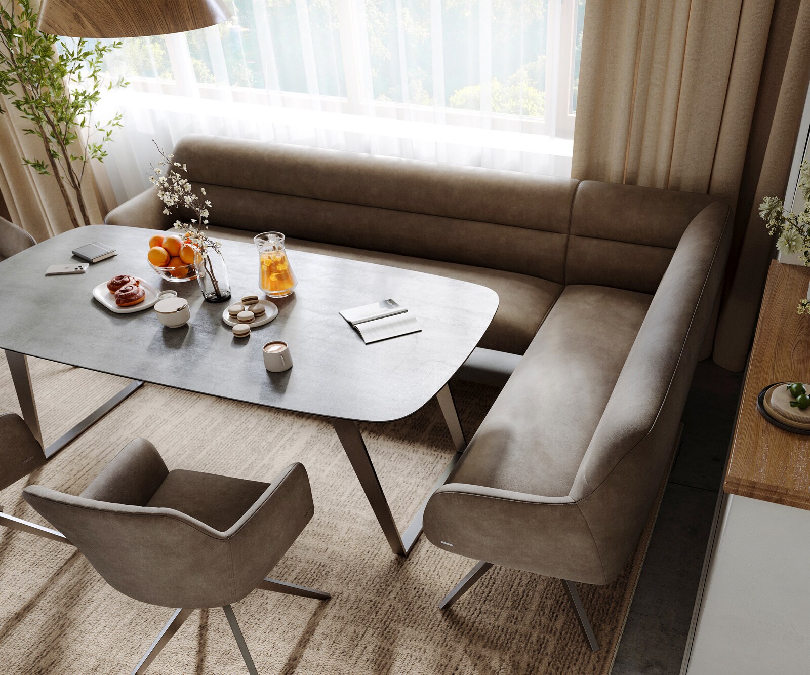 Esszimmerbank Taya-Flex 285x190 cm Mikrofaser Taupe Vintage Kreuzgestell kantig Graphit Taschenfederkern Links 3