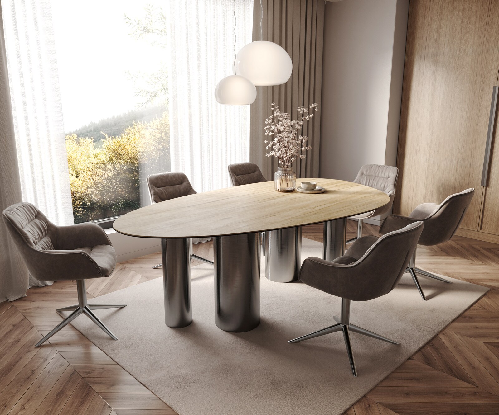 Esstisch Edge Oval 220x120 Keramik Laminam® Sabbia Eichefarbig Pilier Edelstahl Graphit 6