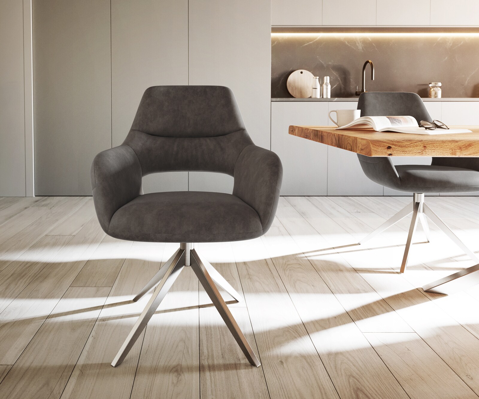 Esszimmerstuhl Yago-Flex mit Armlehnen Mikrofaser Anthrazit Vintage Kreuzgestell breit Edelstahl Taschenfederkern 1 Esszimmerstuhl Yago-Flex mit Armlehnen Mikrofaser Anthrazit Vintage Kreuzgestell breit Edelstahl Taschenfederkern 1