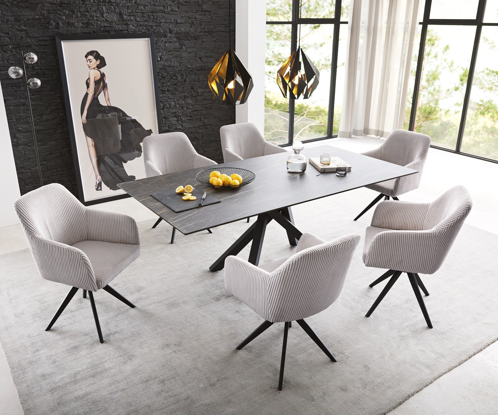 Esszimmerstuhl Greg-Flex Cord Silbergrau Kreuzgestell kantig Schwarz Taschenfederkern 3 Esszimmerstuhl Greg-Flex Cord Silbergrau Kreuzgestell kantig Schwarz Taschenfederkern 3