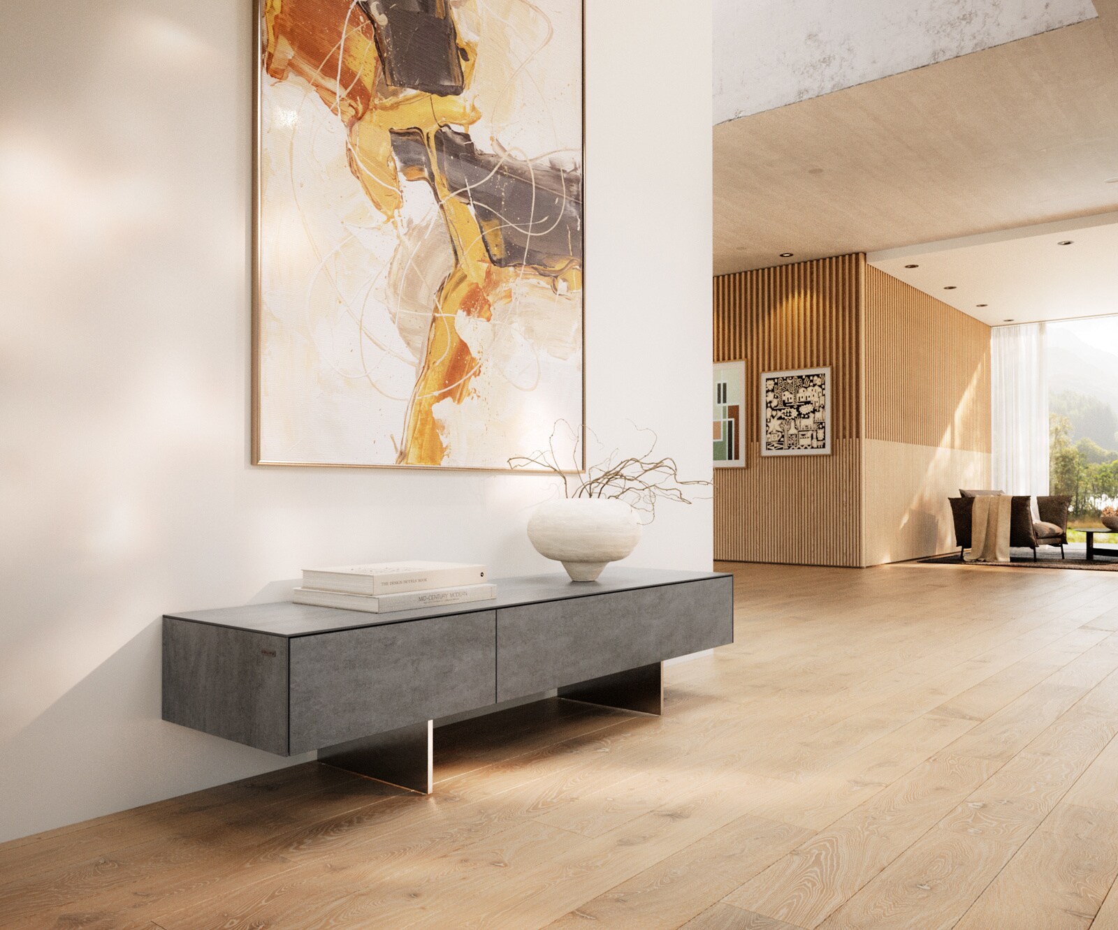 Meuble-TV Cuor 150 cm Céramique Béton gris 1 Clapet 1 Tiroir Pied optique flottant Ancier inoxydable 1