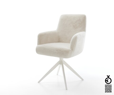 Chaise-pivotante Heira-Flex avec accoudoirs peluche crème-blanc pied croisé large blanc pivotement sur 360° fonction bascule resorts ensachés