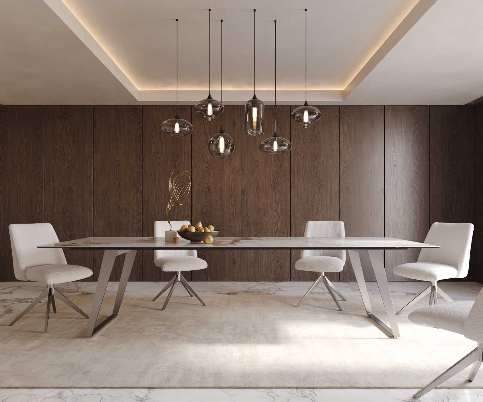 Esstisch Edge 300x100 Keramik Minas Melange Weiß-Beige Edelstahl Schräg 1 Esstisch Edge 300x100 Keramik Minas Melange Weiß-Beige Edelstahl Schräg 1