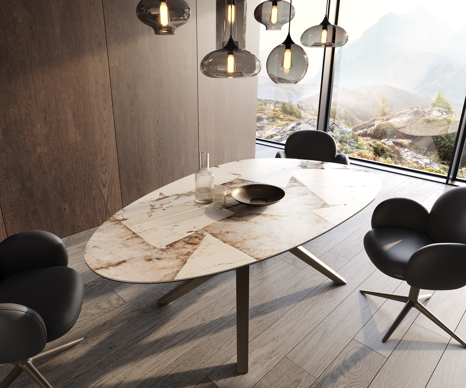 Esstisch Edge Oval 220x120 Keramik Iris FMG Patagonia Lappato Zenthara kantig Metall Effektfinish Titan
