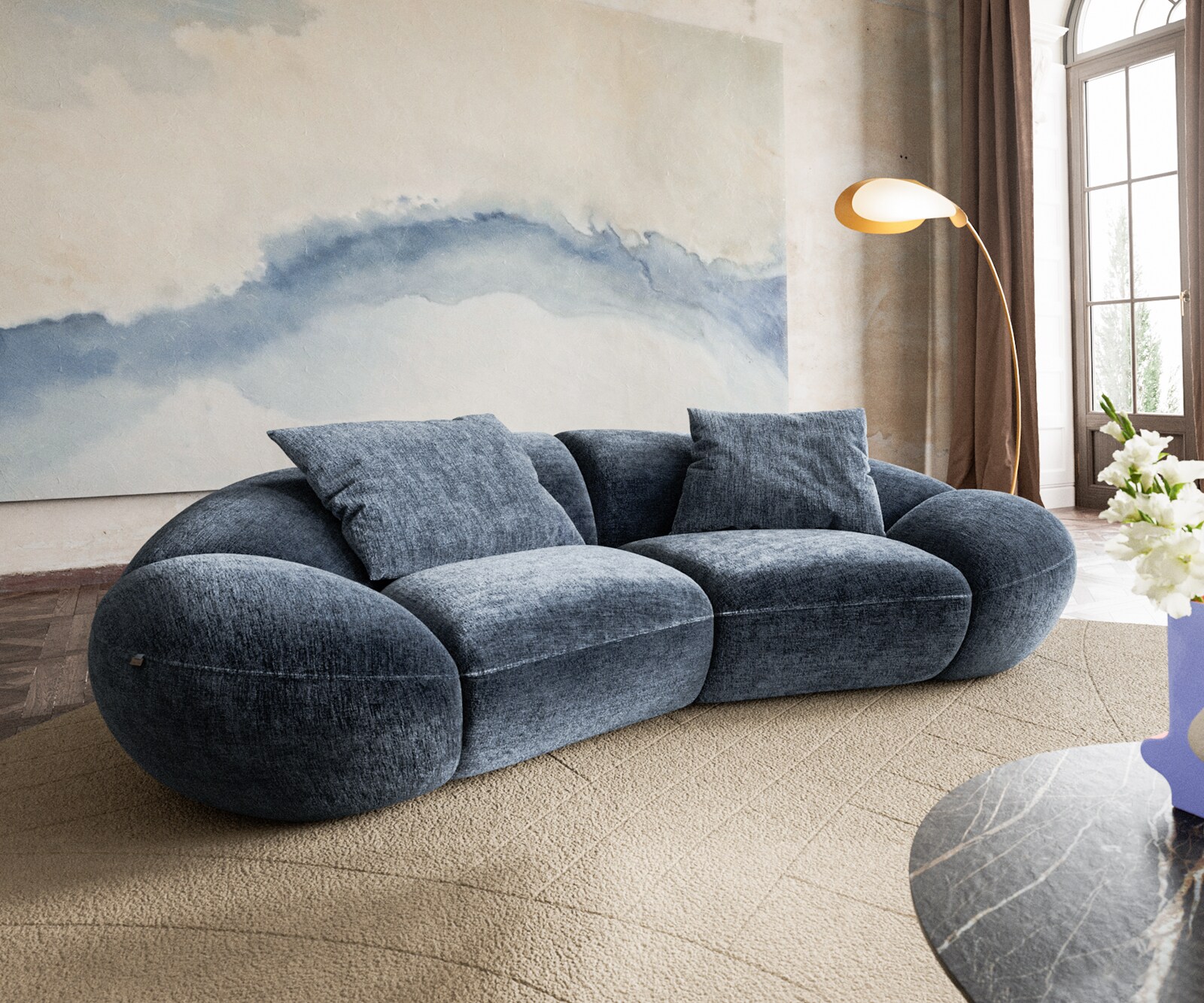Grand canapé Lunna 360x175 cm chenille bleu 2 coussins