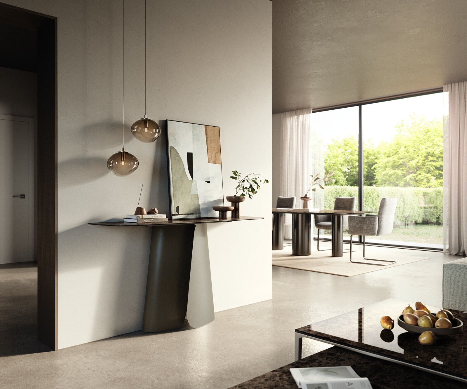 Console Edge forme bateau 140x40 cm Céramique Emperador Extra Lucidato Dunkelbraun Livos Métal Effektfinish Titan 6