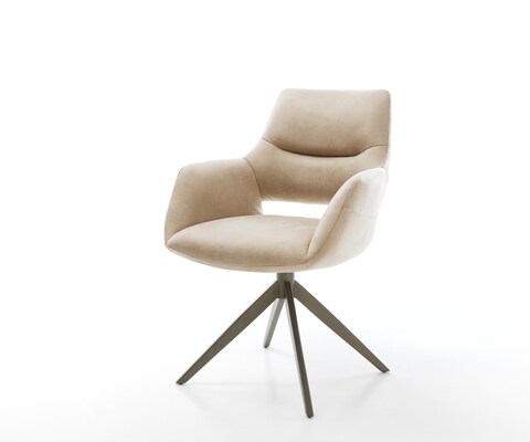 Chaise-pivotante Yago-Flex avec accoudoirs microfibre beige vintage pied croisé large aspect titane pivotement sur 360° fonction bascule ressorts ensachés