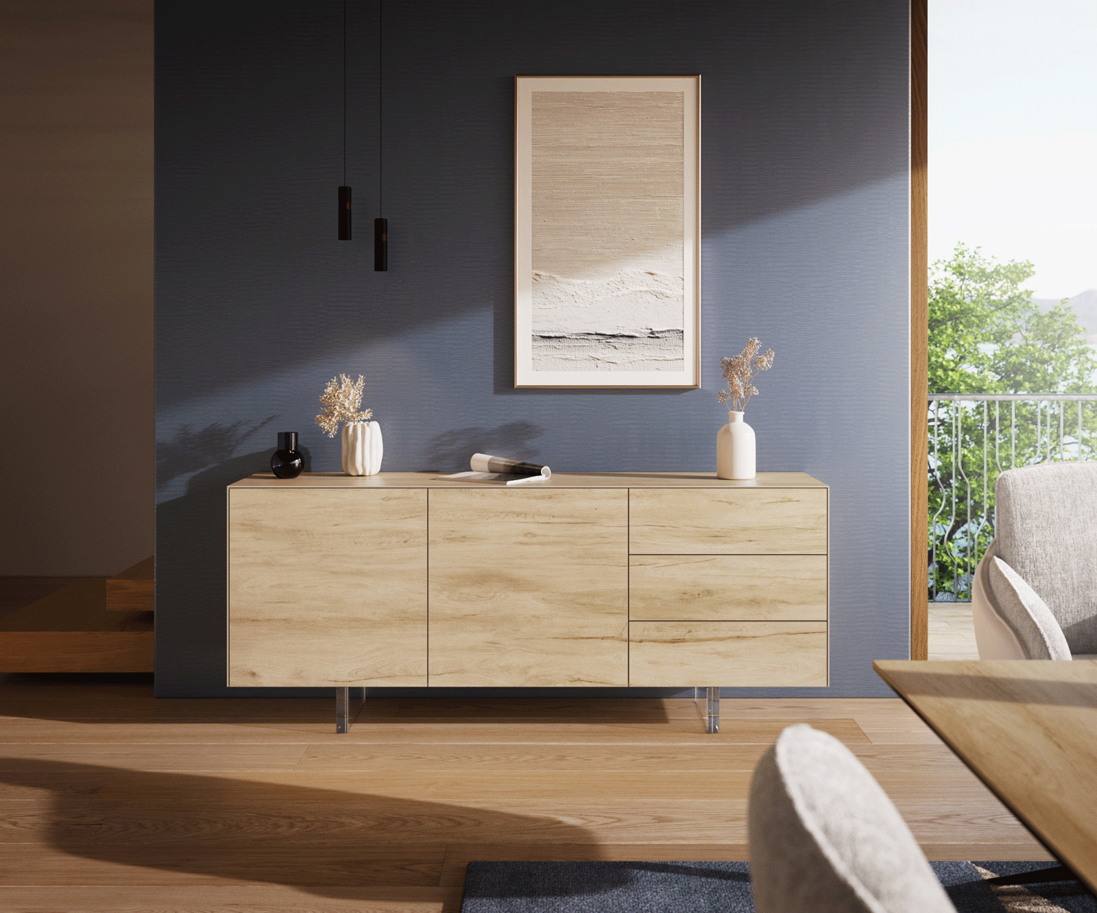 Sideboard Cuor 180 cm Keramik Laminam® Sabbia Eichefarbig 2 Türen 3 Schubfächer Fuß Schwebeoptik Acrylglas 3