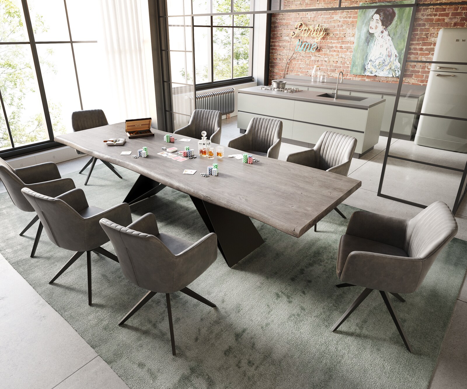 Table à manger Edge 300x100 XL acacia platine cadre en V acier plat noir Live-Edge 5
