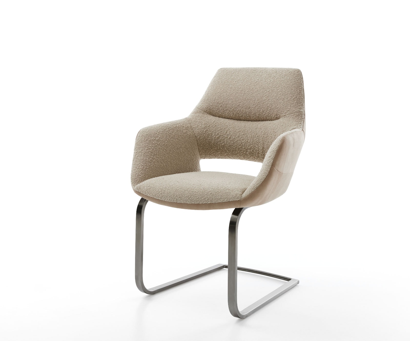 Cantilever Yago-Flex avec accoudoirs tissu mixte couleur boue pied cantilever plat acier inoxydable brossé ressorts ensachés