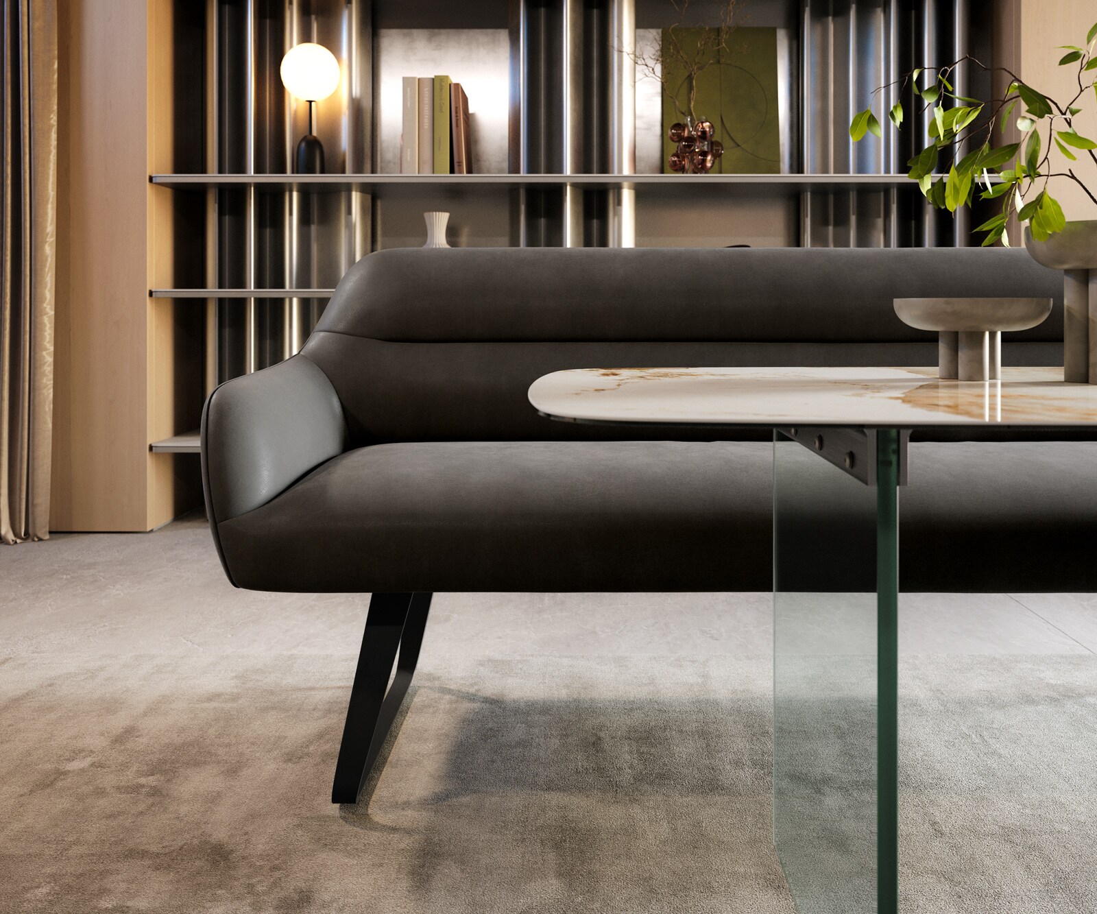 Banc-de-salle-à-manger Taya-Flex 200 cm microfibre antracite vintage châssis à patins plat noir ressort ensaché 2