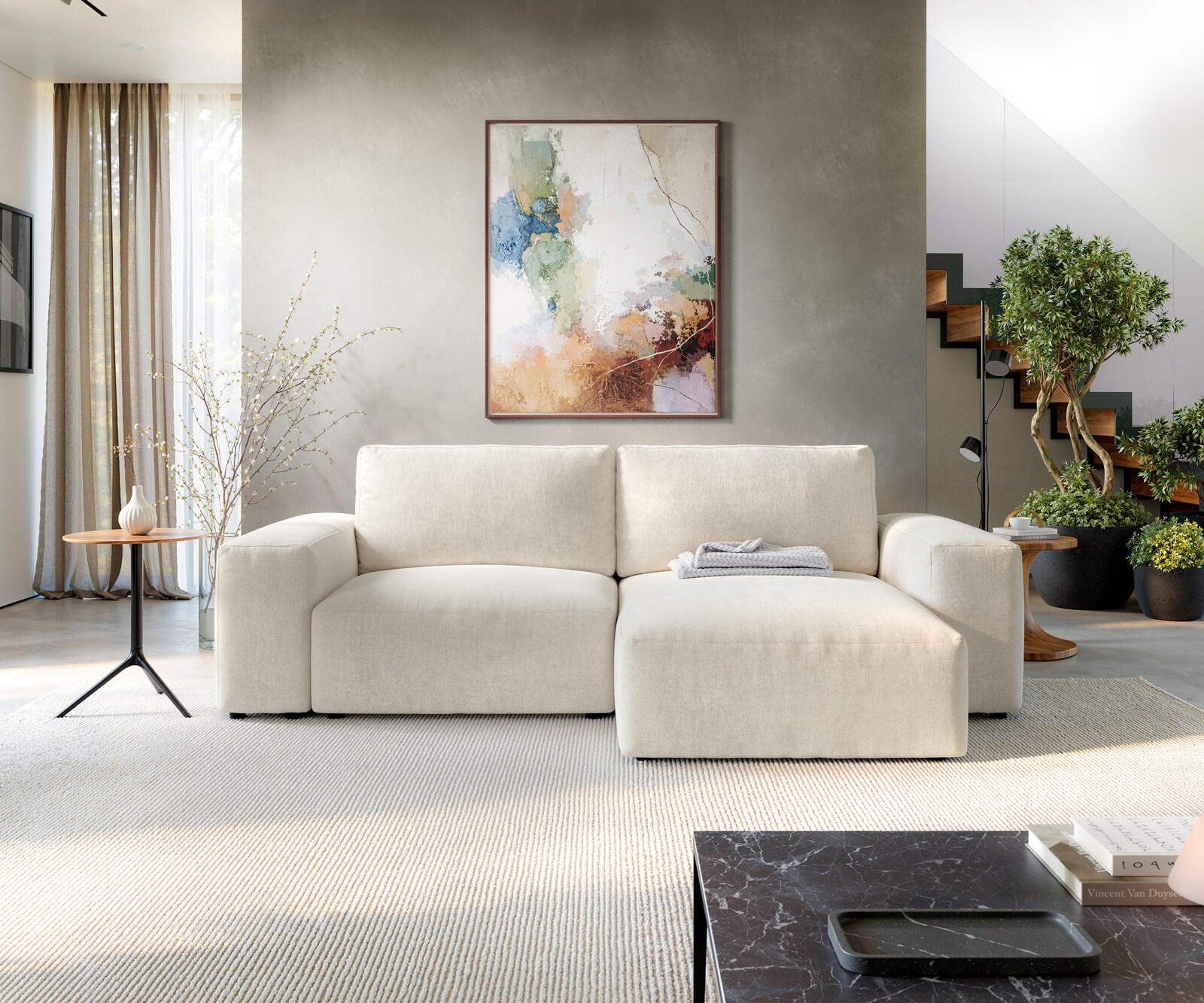 Canapé d'angle Lanzo 230x155 cm Tissu texturé doux Beige Méridienne modulable 2
