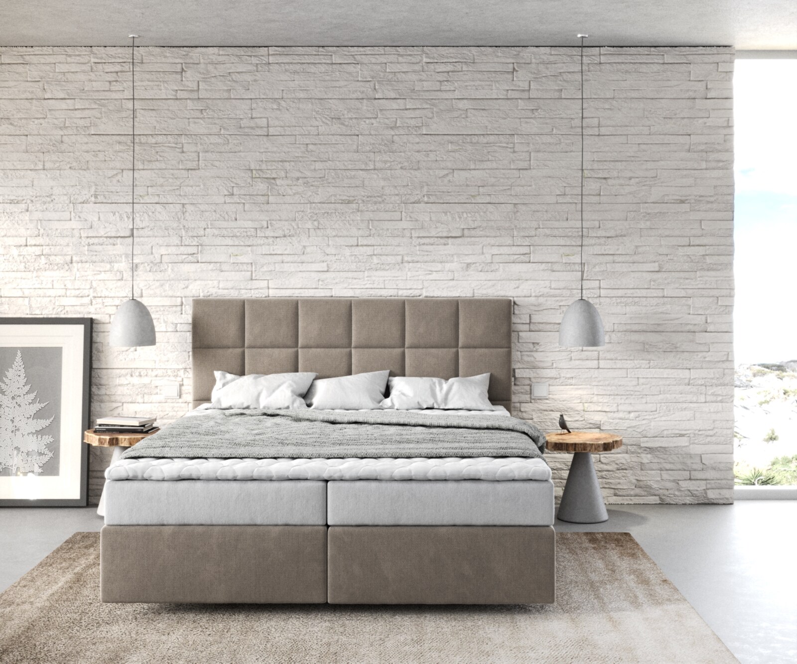 Boxspringbett Dream-Fine 160x200 cm Mikrofaser Beige mit Matratze und Topper 1