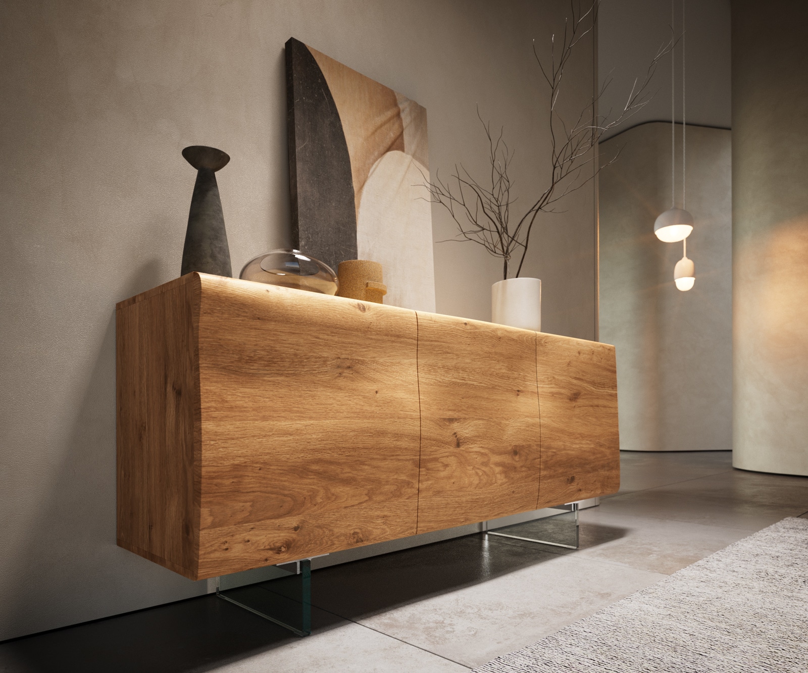 Buffet New Live-Edge 145 cm chêne naturel 3 portes pied en verre 4 Buffet New Live-Edge 145 cm chêne naturel 3 portes pied en verre 4