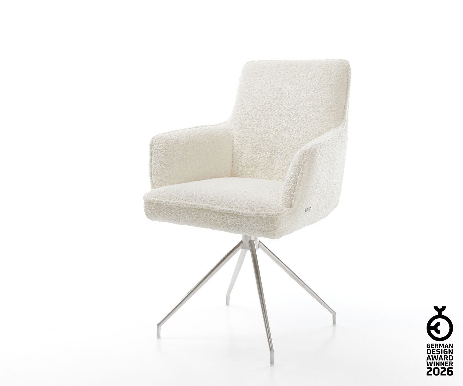 Chaise-pivotante Heira-Flex avec accoudoirs bouclé blanc pied croisé conique acier inoxydable brossé pivotement sur 180° ressorts ensachés 1