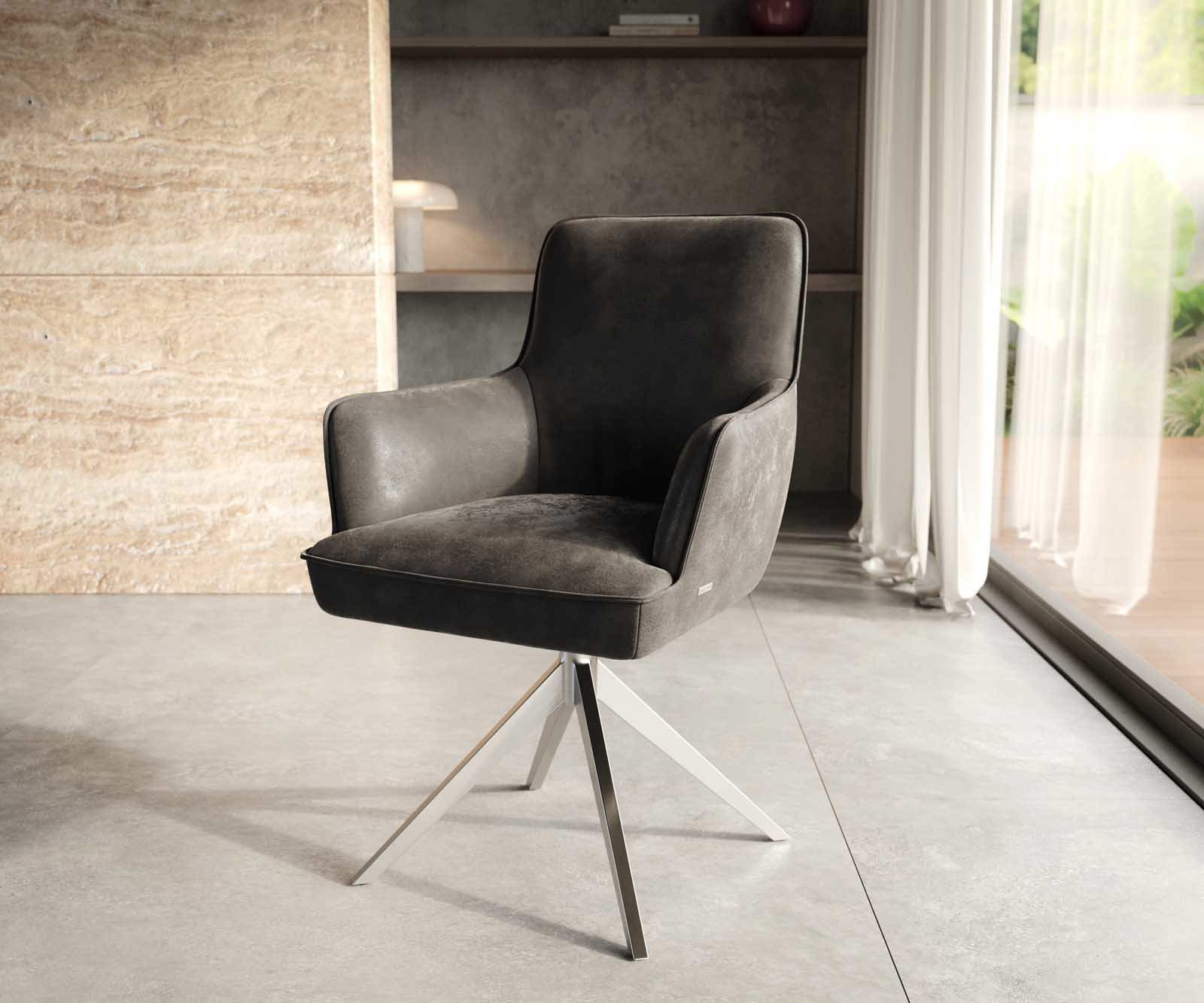 Chaise-pivotante Heira-Flex avec accoudoirs anthracite vintage pied croisé large acier inoxydable ressorts ensachés pivote sur 360°