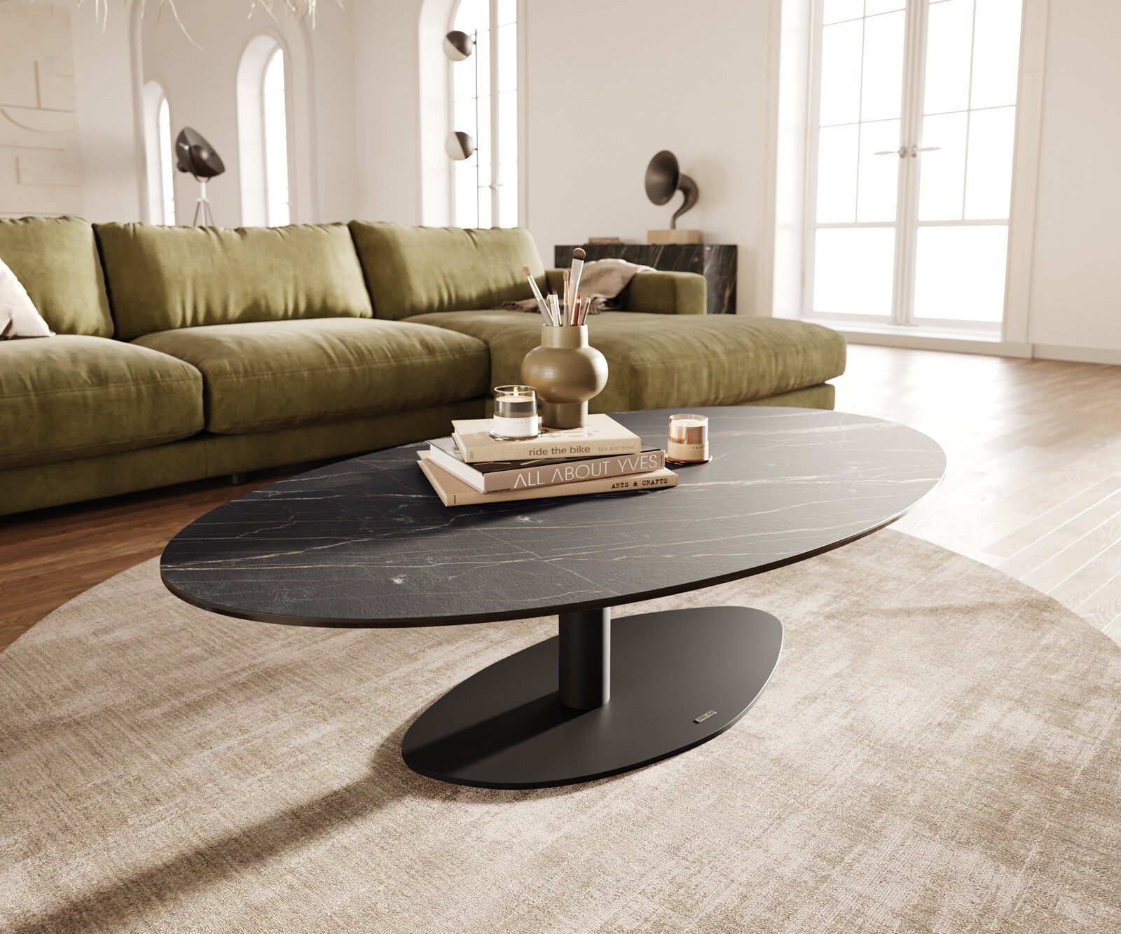Table basse Edge Oval 140x80 cm céramique Laminam® Noir Desir brun Vibany métal noir