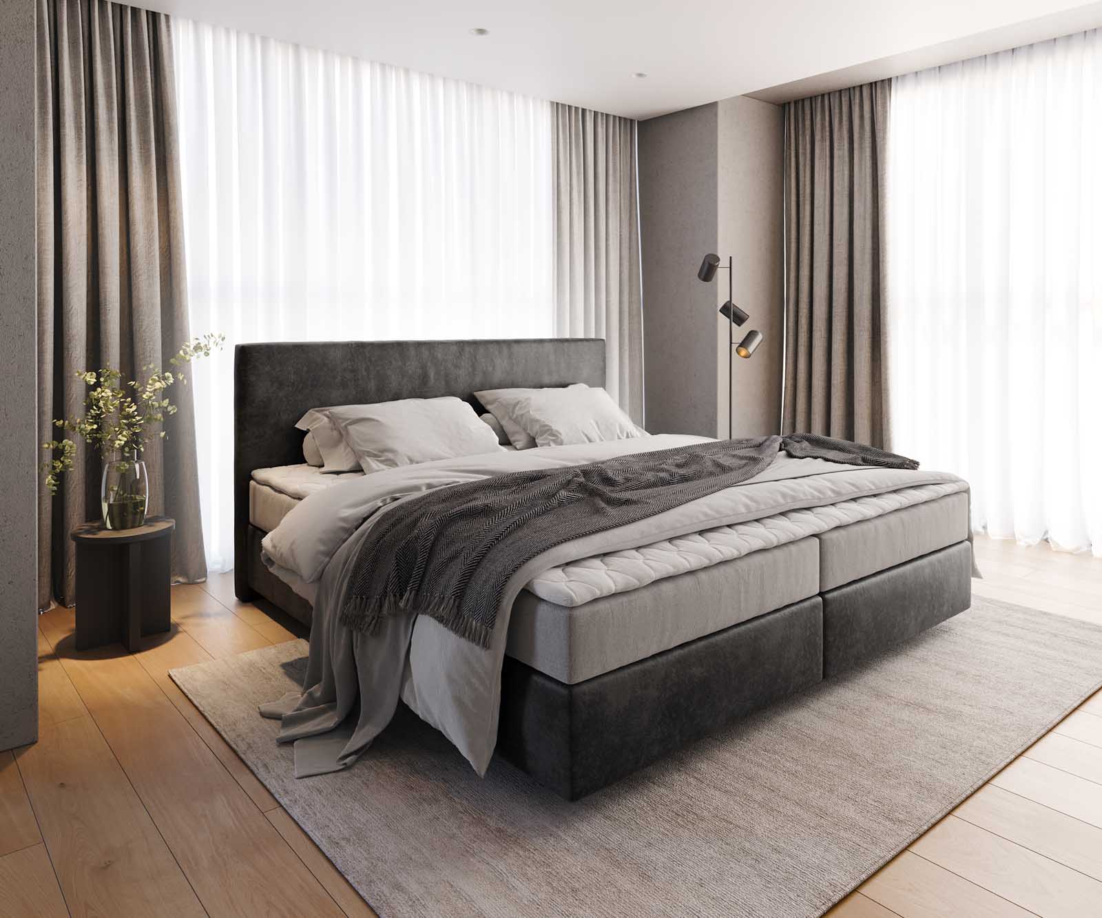 Lit à sommier tapissier Dream-Well Microfibre anthracite vintage 200x200 cm avec matelas à ressorts ensachés et surmatelas viscoélastique