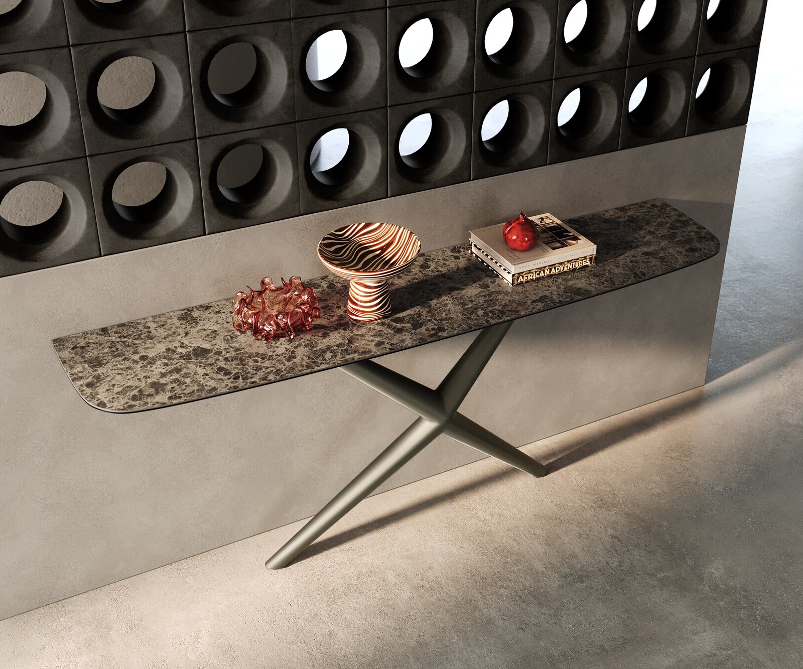 Console Edge forme bateau 180x40 cm Céramique Emperador Extra Lucidato Dunkelbraun Estelo Métal Effektfinish Titan 1