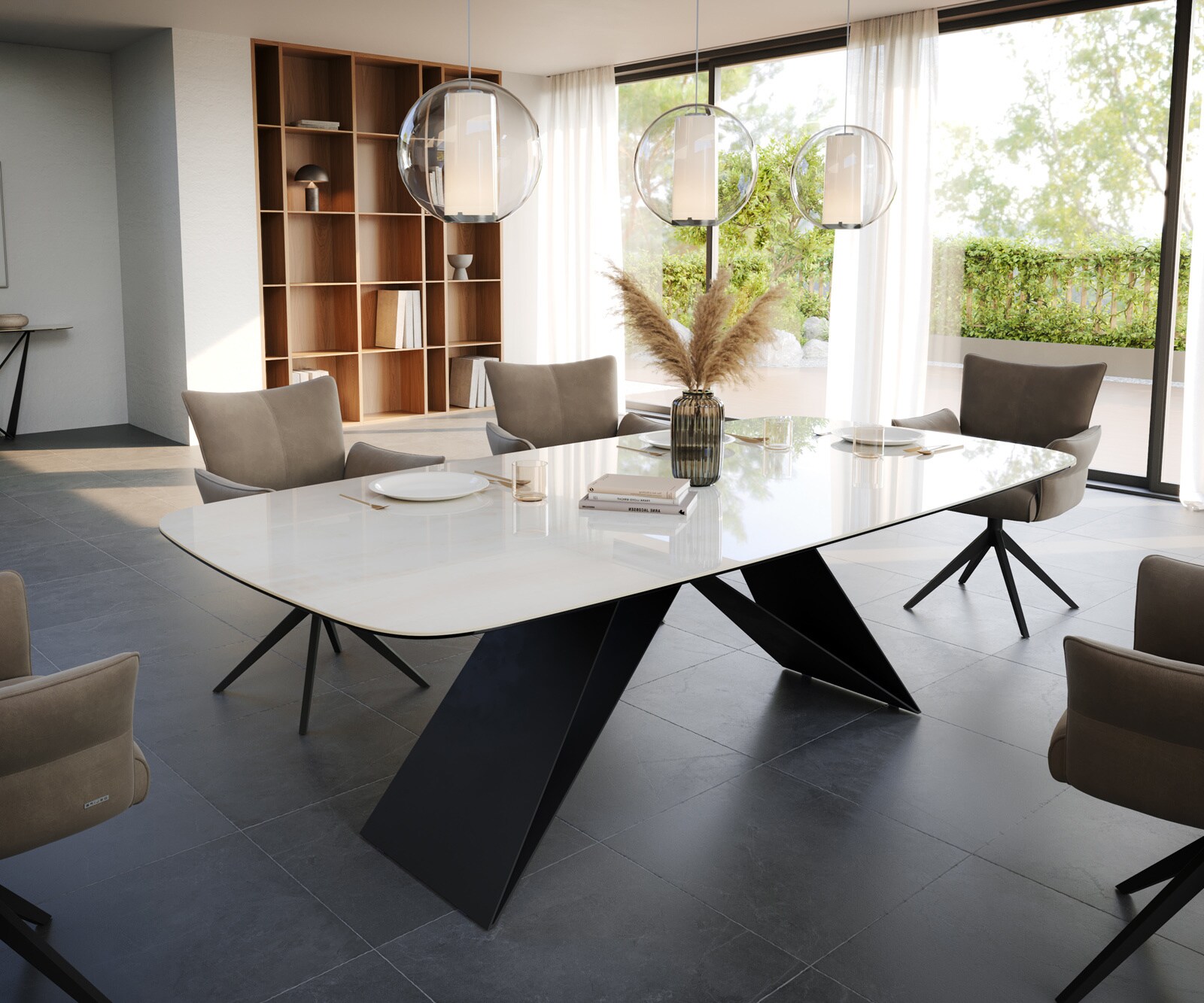 Table à manger Edge Boot 240x120 cm Céramique Onyx Champagne piètement en V Acier plat Noir 1