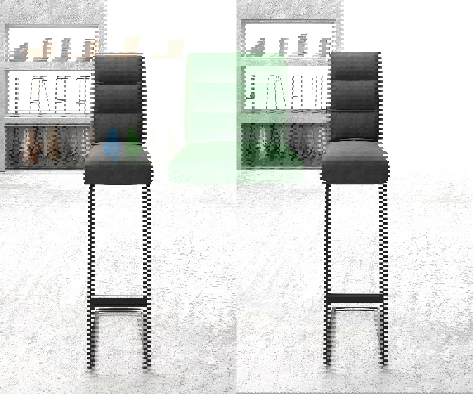 Barstuhl Pela-Flex Samt Grün Freischwinger flach Metall 1 Barstuhl Pela-Flex Samt Grün Freischwinger flach Metall 1