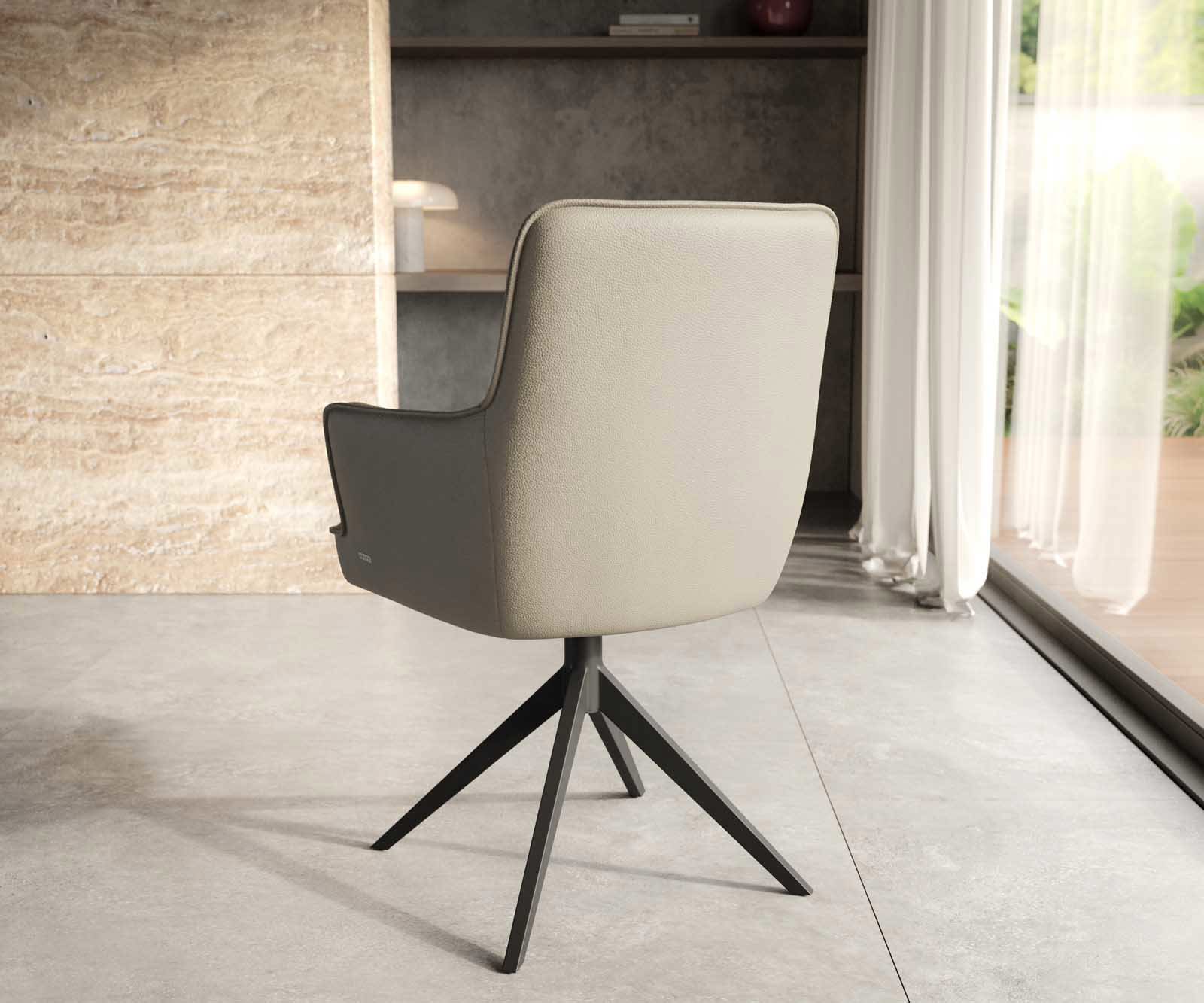 Chaise-pivotante Heira-Flex avec accoudoirs cuir de vache couleur boue pied croisé large noir pivotement sur 360° ressorts ensachés 3