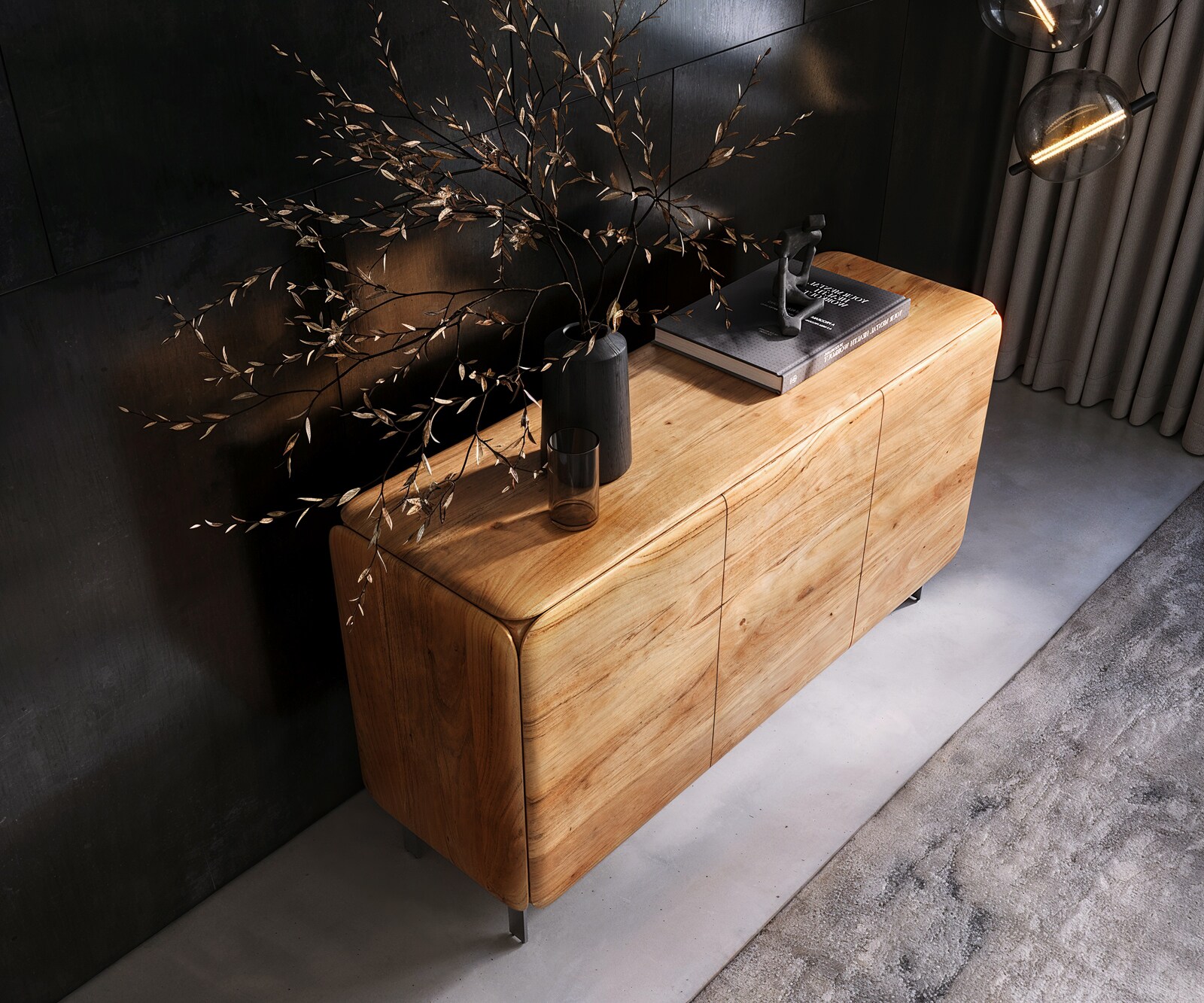 Sideboard Shavani 145 cm Akazie Natur 2 Türen 3 Schubladen L-Fuß Edelstahl Silber 3