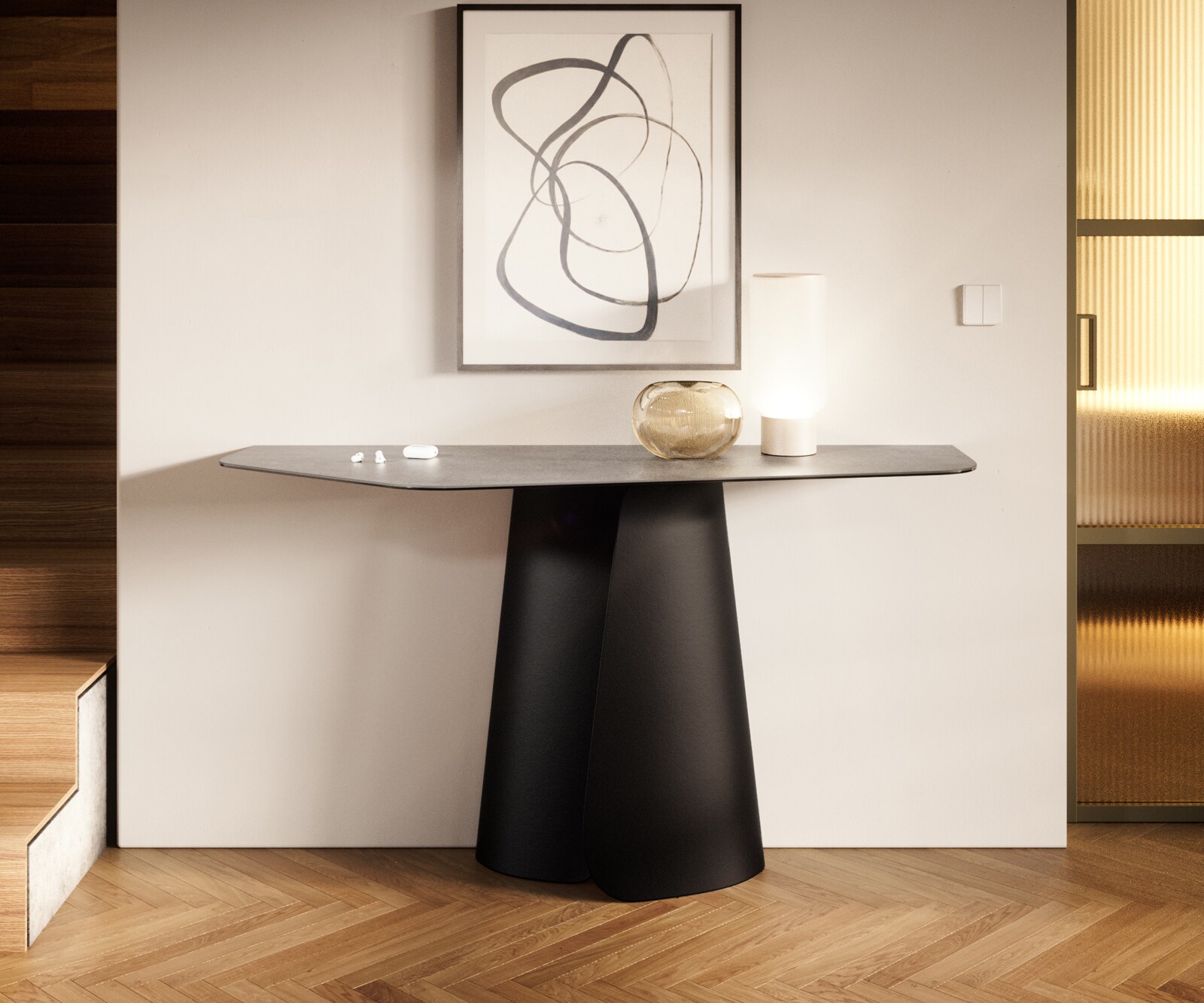 Konsolentisch Edge Polygonal 140x50 cm Keramik Beton Grau Livos Metall Schwarz 3