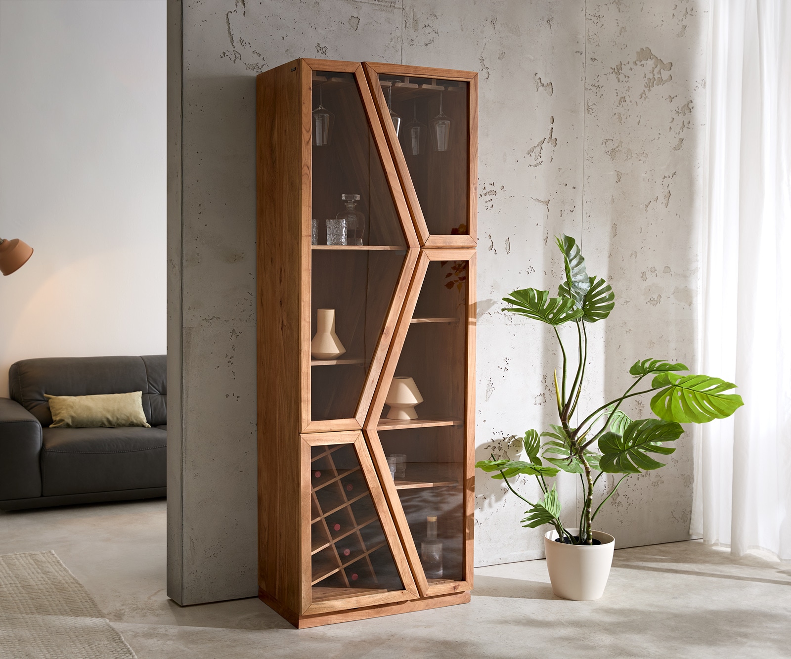 Glasvitrine Taza Akazie Natur 75x210 cm 4 Türen Barschrank