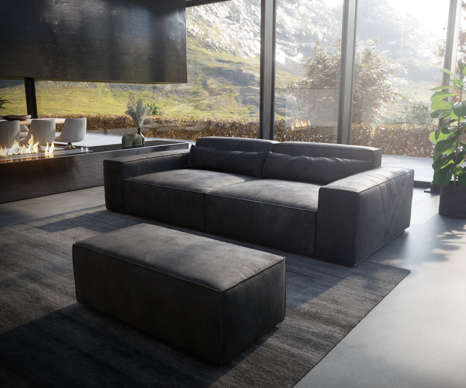 Big-Sofa Sirpio XL 270x130 cm Lederimitat Vintage Anthrazit  mit Hocker