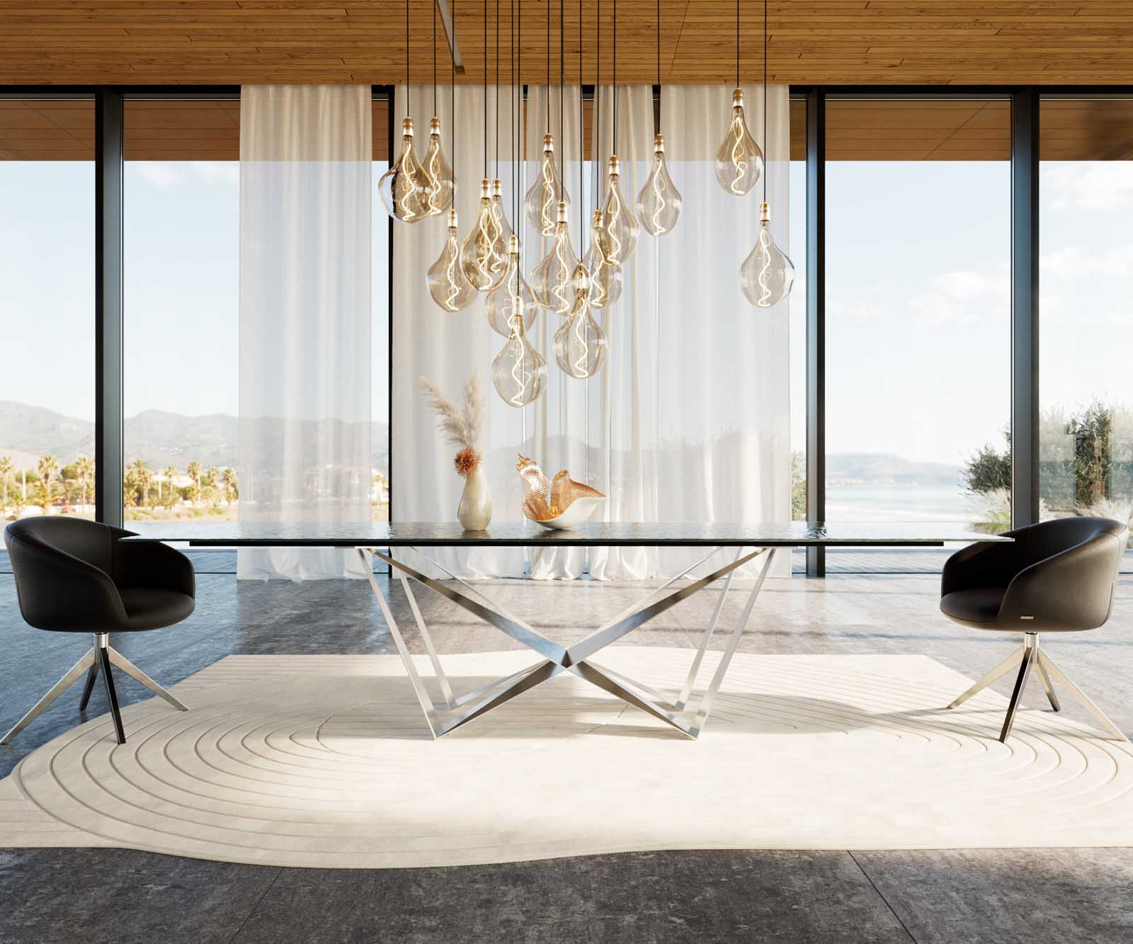 Esstisch Edge 300x100 Reliefglas Rauchschwarz 3D-Design Spider Flachstahl Edelstahl 1 Esstisch Edge 300x100 Reliefglas Rauchschwarz 3D-Design Spider Flachstahl Edelstahl 1