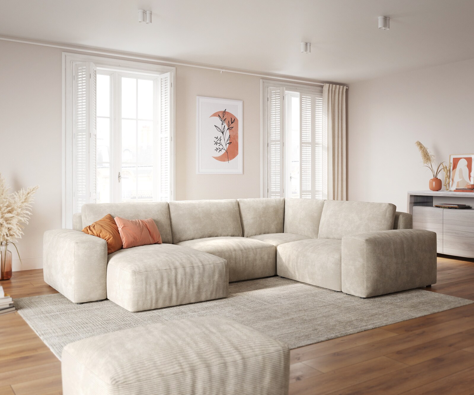 Wohnlandschaft Lanzo 300x210 cm Cord Beige Recamiere variabel mit Hocker