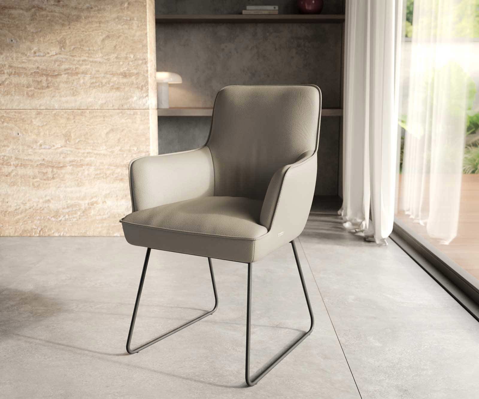 Esszimmerstuhl Heira-Flex mit Armlehnen Echt-Leder Schlamm Kufengestell Schwarz Taschenfederkern Esszimmerstuhl Heira-Flex mit Armlehnen Echt-Leder Schlamm Kufengestell Schwarz Taschenfederkern