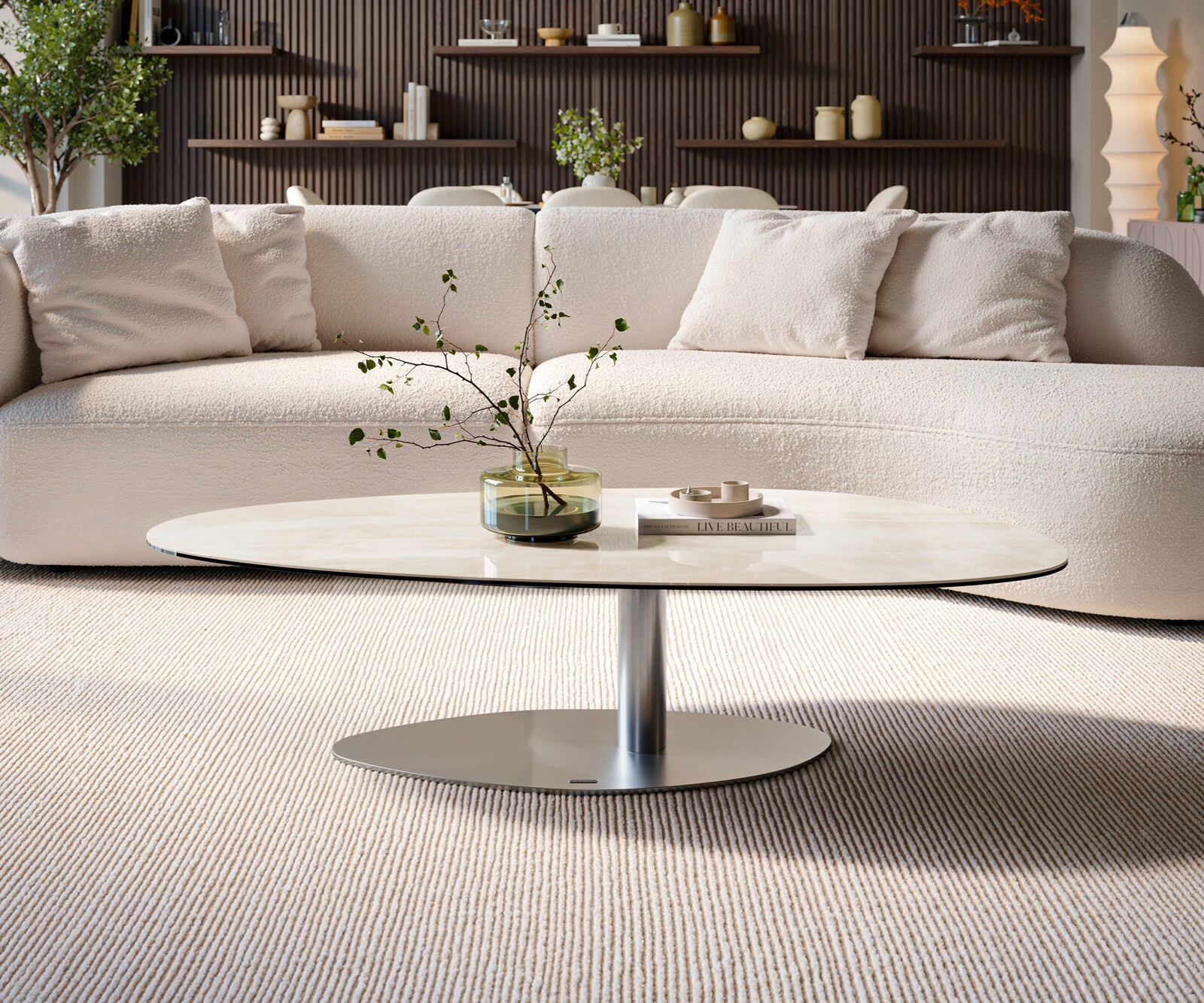 Table basse Edge ovale 140x75 cm céramique Onyx Champagne Vibany acier inoxydable brossé