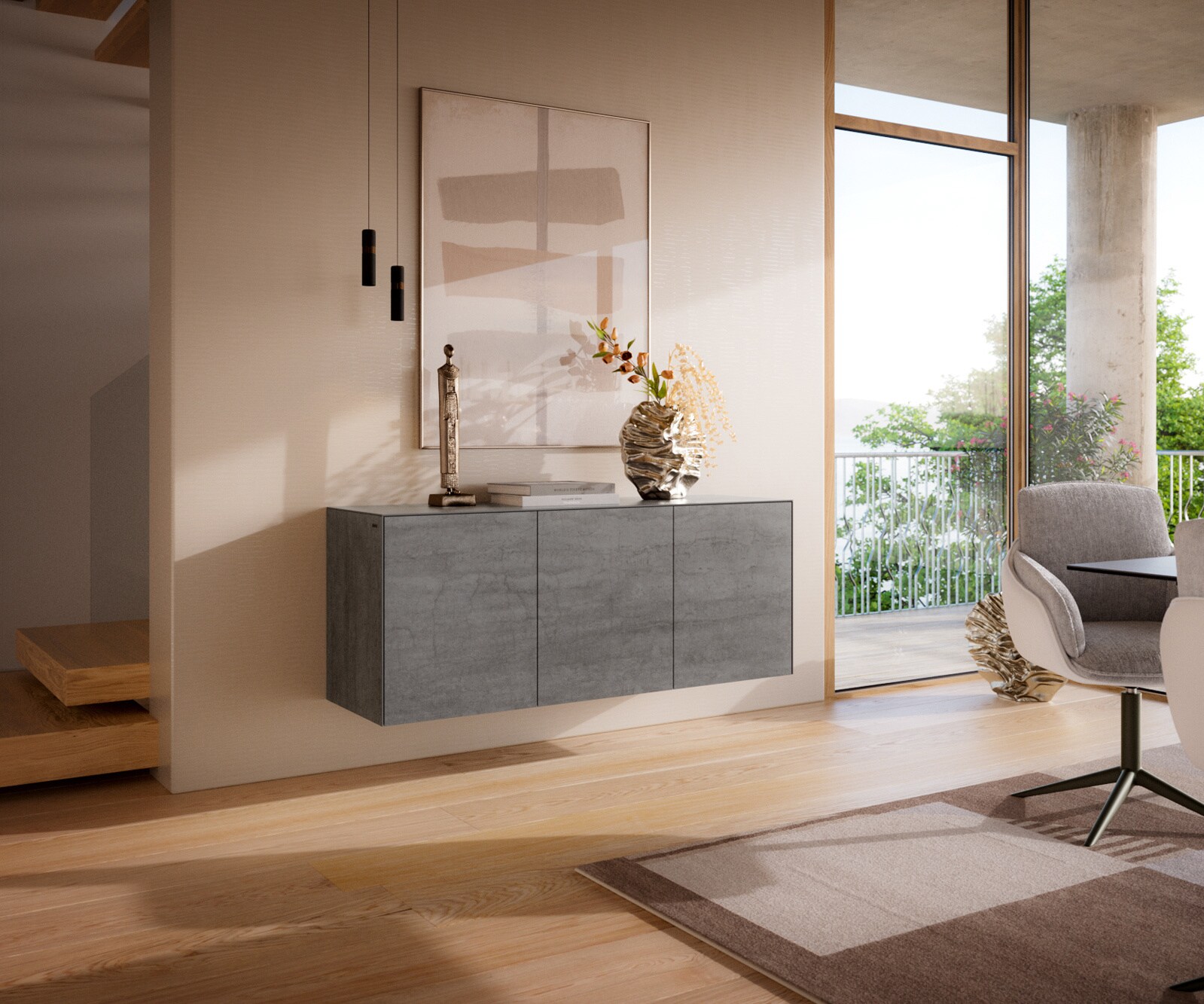 Sideboard Cuor 150 cm Keramik Beton Grau 3 Türen Schwebend