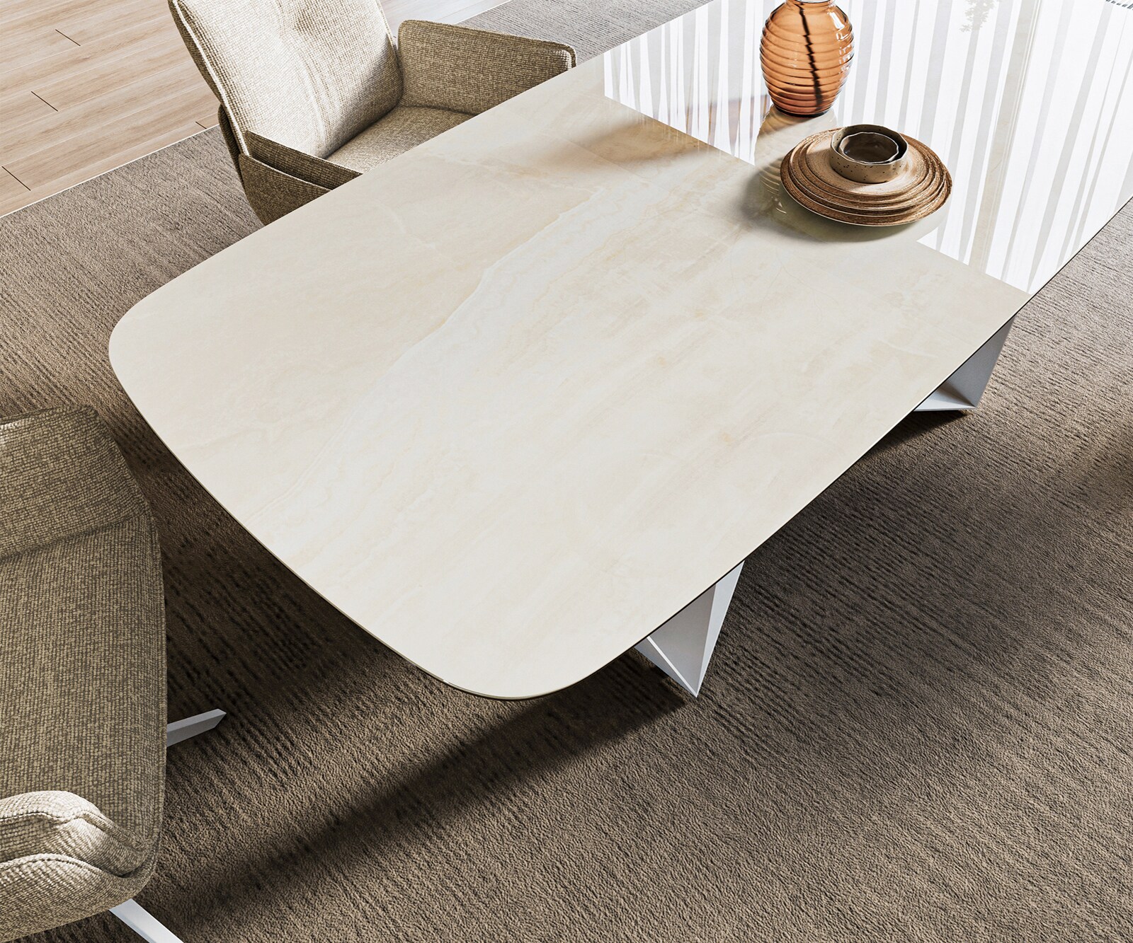 Esstisch Edge Boot 200x100 cm Keramik Onyx Champagne Spider Metall Weiß 3