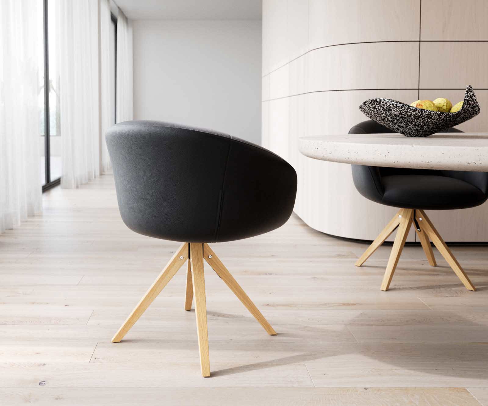 Chaise-pivotante Vinka-Flex avec accoudoirs cuir de vache noir pied en bois angulaire naturel pivotement sur 180° ressorts ensachés 4