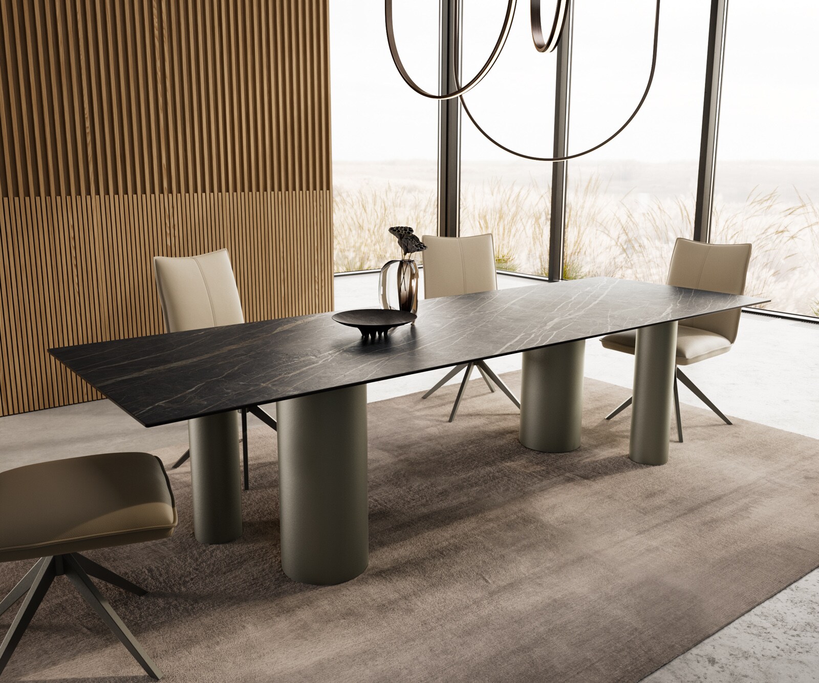 Esstisch Edge 300x100 Keramik Laminam®Noir Desir Braun Pilier Metall Effektfinish Titan