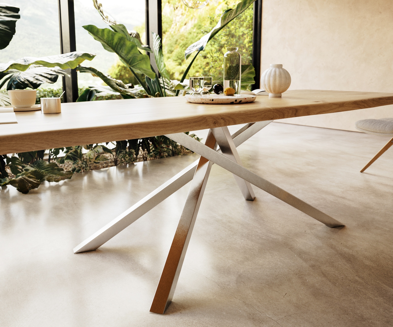 Table à manger Edge 300x100 chêne nature cadre croisé rectangle acier inoxydable Live-Edge 5