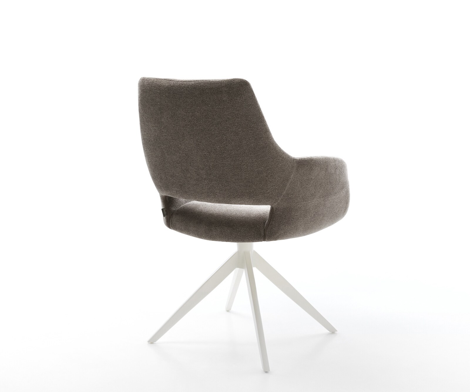 Chaise-pivotante Yago-Flex avec accoudoirs tissu structuré doux taupe pied croisé large blanc pivotement sur 360° fonction bascule ressorts ensachés 5