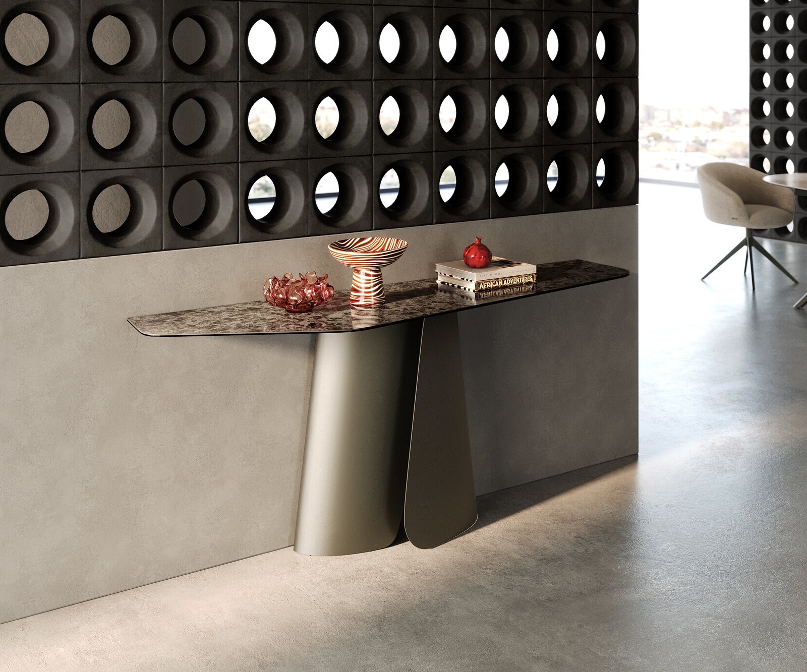 Console Edge Polygonal 180x50 cm Céramique Emperador Extra Lucidato Dunkelbraun Livos Métal Effektfinish Titan