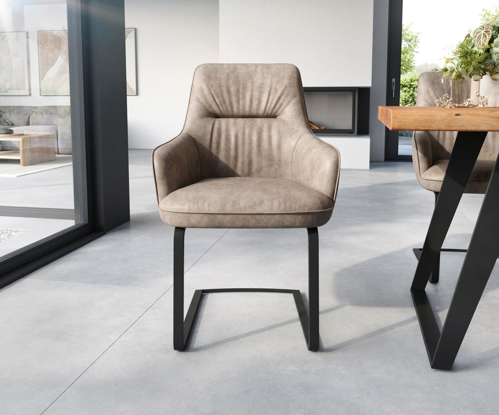 Cantilever Zelia-Flex avec accoudoirs microvelours taupe vintage pied cantilever plat noir ressorts ensachés 1