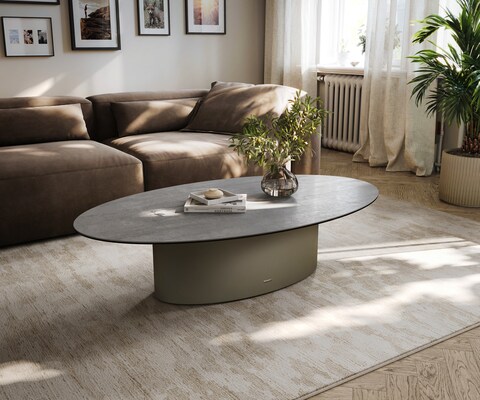 Table basse Edge ovale 135x80 cm céramique béton gris Casilda finition effet titane